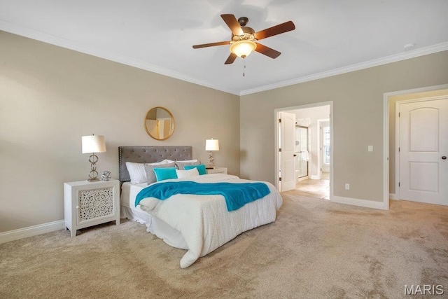 714 Oriental Lily Dr, Ofallon, MO 63366 - bedroom featuring crown molding, carpet flooring, ensuite bath, and a ceiling fan