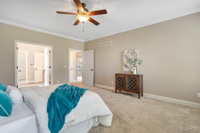 714 Oriental Lily Dr, Ofallon, MO 63366 - bedroom featuring ornamental molding, light colored carpet, ceiling fan, and connected bathroom