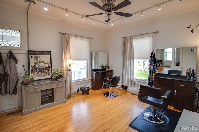408 N N Main St, Carrollton, IL 62016 - living area featuring rail lighting, a ceiling fan, wood finished floors, and ornamental molding