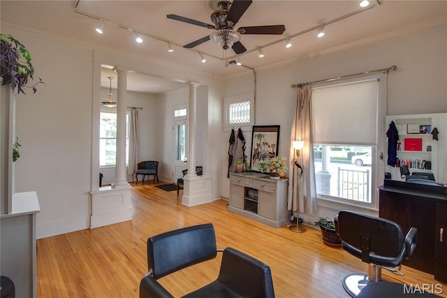 408 N N Main St, Carrollton, IL 62016 - living room featuring decorative columns, rail lighting, ceiling fan, plenty of natural light, and crown molding