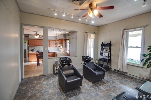 408 N N Main St, Carrollton, IL 62016 - living area featuring track lighting, ceiling fan, and stone floors