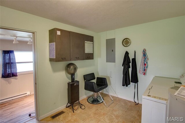 408 N N Main St, Carrollton, IL 62016 - laundry area featuring electric panel, washing machine and dryer, cabinet space, a baseboard heating unit, and a textured ceiling