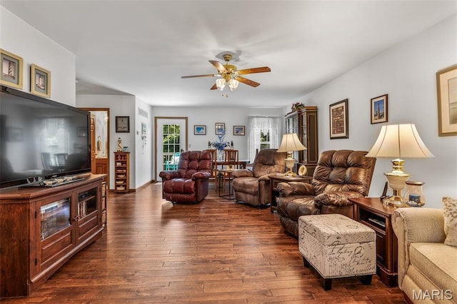 24 Adventura Dr, Festus, MO 63028 - living room featuring dark wood finished floors and a ceiling fan