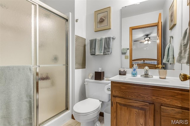 24 Adventura Dr, Festus, MO 63028 - bathroom featuring vanity, a stall shower, ceiling fan, and tile patterned flooring