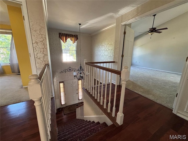 958 Kinsale Dr, Manchester, MO 63021 - staircase featuring ornamental molding, wood finished floors, carpet, and ceiling fan