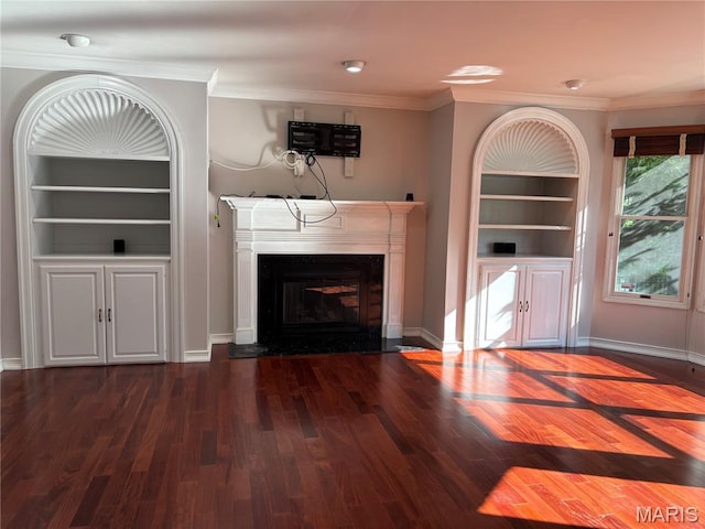 958 Kinsale Dr, Manchester, MO 63021 - unfurnished living room with a fireplace with flush hearth, wood finished floors, built in shelves, and ornamental molding