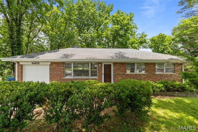 9609 Twincrest Dr, Saint Louis, MO 63126 - ranch-style house with brick siding, a garage, a front lawn, and roof with shingles
