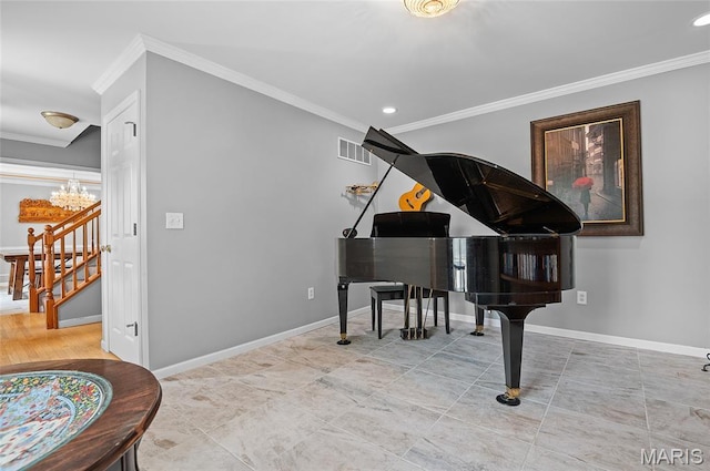 2235 Arnold Palmer Dr, Belleville, IL 62220 - living area with ornamental molding, a chandelier, stairway, and recessed lighting