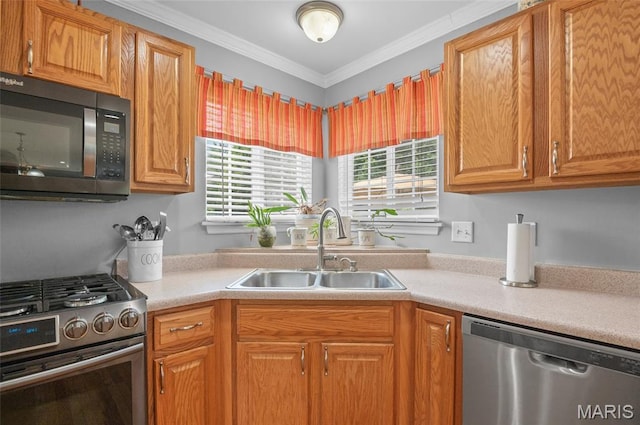 2235 Arnold Palmer Dr, Belleville, IL 62220 - kitchen featuring stainless steel appliances, light countertops, crown molding, and brown cabinets