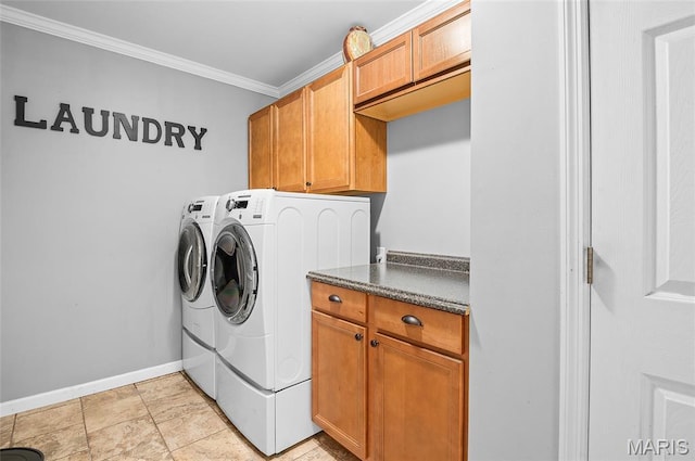 2235 Arnold Palmer Dr, Belleville, IL 62220 - laundry room featuring washing machine and dryer, crown molding, and cabinet space
