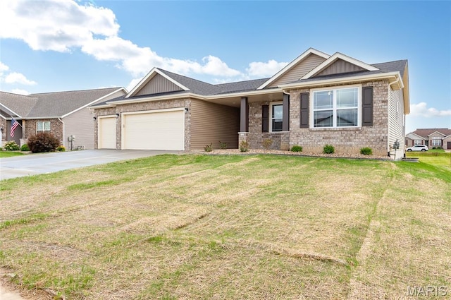 225 Ranchero Dr, Hamel, IL 62046 - view of front facade featuring a garage, a front lawn, driveway, and board and batten siding