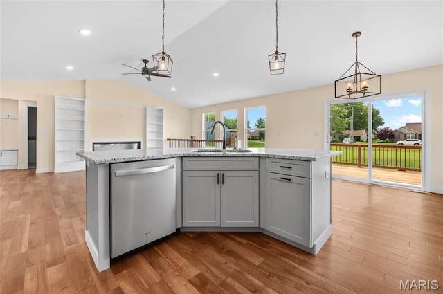 225 Ranchero Dr, Hamel, IL 62046 - kitchen featuring dishwasher, lofted ceiling, a chandelier, ceiling fan, and light wood-type flooring