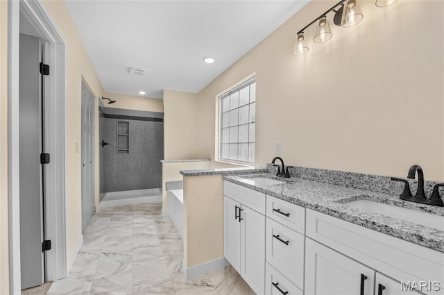 225 Ranchero Dr, Hamel, IL 62046 - bathroom with a walk in shower, marble finish flooring, a bath, recessed lighting, and double vanity