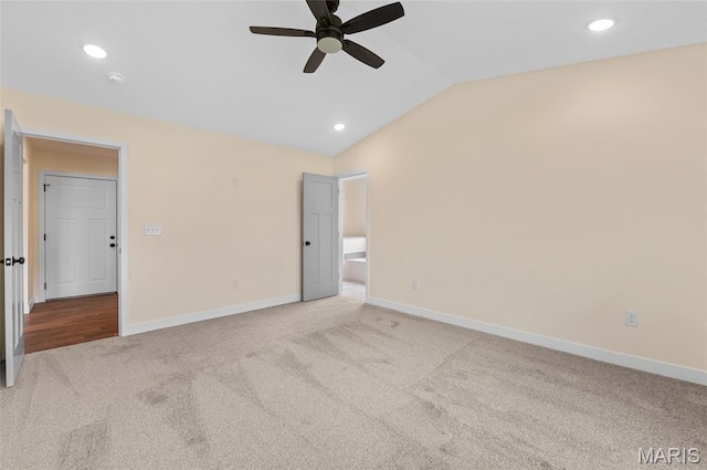 225 Ranchero Dr, Hamel, IL 62046 - unfurnished bedroom with carpet, vaulted ceiling, recessed lighting, and a ceiling fan