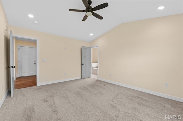 225 Ranchero Dr, Hamel, IL 62046 - unfurnished bedroom featuring carpet floors, lofted ceiling, recessed lighting, and a ceiling fan
