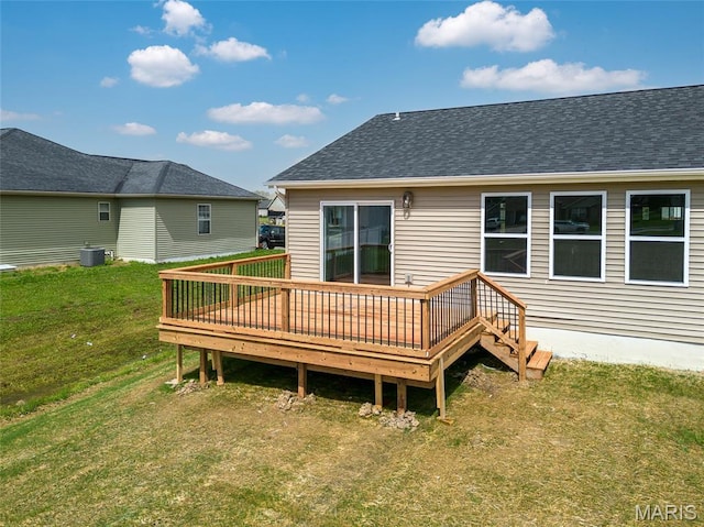 225 Ranchero Dr, Hamel, IL 62046 - back of property featuring a wooden deck, a yard, and roof with shingles