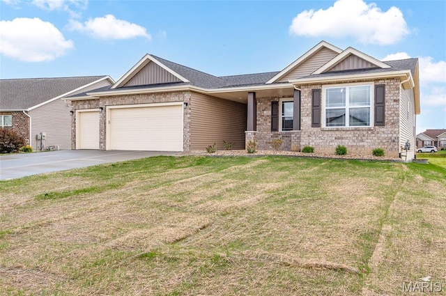 225 Ranchero Dr, Hamel, IL 62046 - view of front of house featuring board and batten siding, a garage, a front yard, driveway, and brick siding