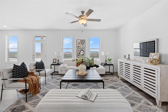 3059 Pirogue St, Saint Charles, MO 63301 - living area featuring a ceiling fan and wood finished floors