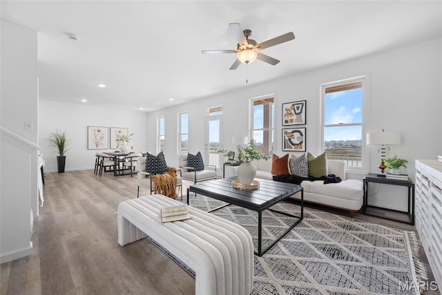 3059 Pirogue St, Saint Charles, MO 63301 - living room with a ceiling fan, light wood-type flooring, and recessed lighting