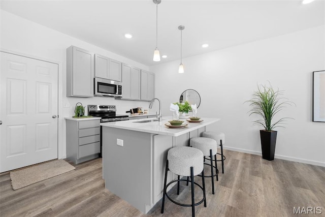 3059 Pirogue St, Saint Charles, MO 63301 - kitchen featuring stainless steel appliances, gray cabinetry, light wood-type flooring, an island with sink, and recessed lighting