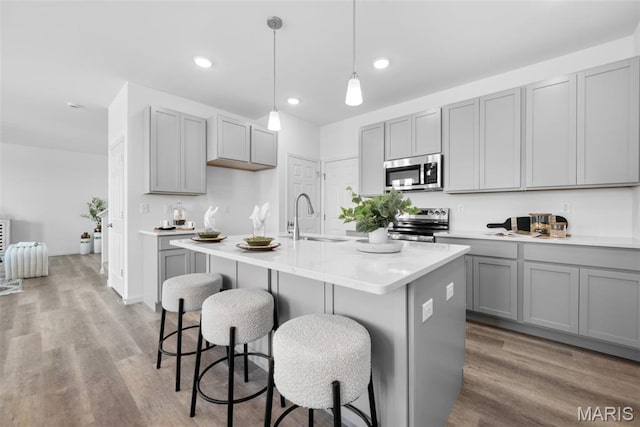 3059 Pirogue St, Saint Charles, MO 63301 - kitchen featuring stainless steel appliances, gray cabinetry, light wood-style flooring, a kitchen breakfast bar, and pendant lighting