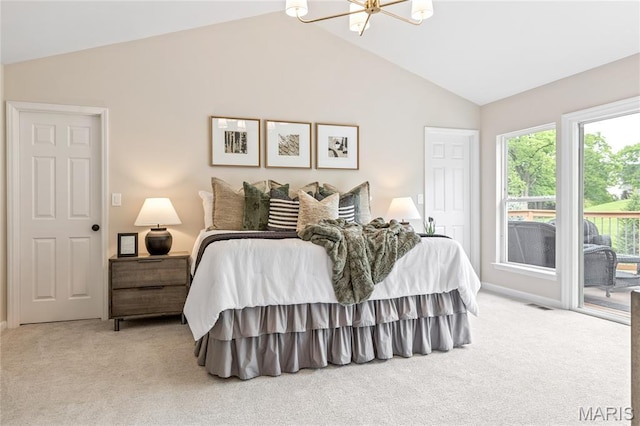 851 Whitmoor Dr, Weldon Spring, MO 63304 - bedroom featuring vaulted ceiling, light colored carpet, a chandelier, and access to exterior