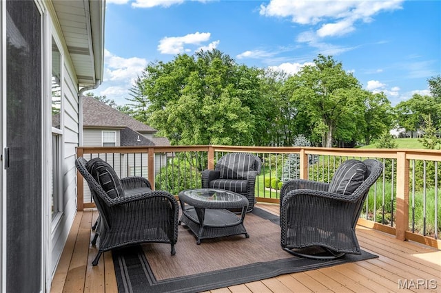 851 Whitmoor Dr, Weldon Spring, MO 63304 - wooden terrace with view of wooded area