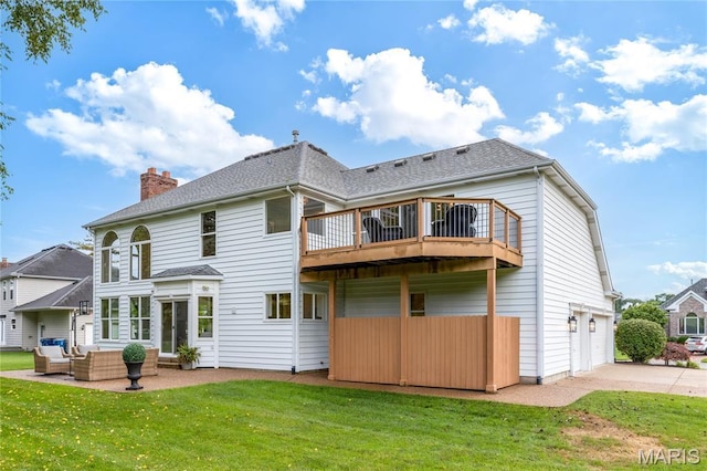 851 Whitmoor Dr, Weldon Spring, MO 63304 - back of property with an outdoor living space, an attached garage, concrete driveway, a chimney, and a lawn