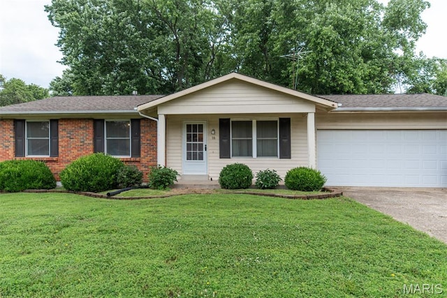 18 Novella Dr, Saint Peters, MO 63376 - single story home featuring an attached garage, driveway, a front lawn, and a shingled roof