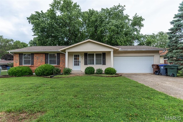 18 Novella Dr, Saint Peters, MO 63376 - single story home featuring a garage, concrete driveway, a front yard, brick siding, and a shingled roof
