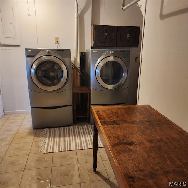 6380 Dolde Rd, Cedar Hill, MO 63016 - laundry room with electric panel, washer and dryer, and light tile patterned floors
