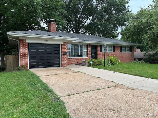 9334 Litzsinger Rd, Rock Hill, MO 63144 - single story home featuring concrete driveway, a garage, a chimney, brick siding, and roof with shingles