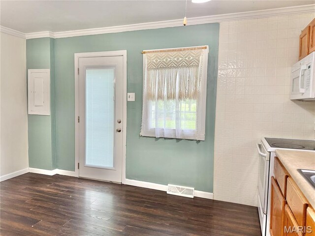 3212 Rodger Ave, Granite City, IL 62040 - kitchen with white appliances, dark wood-style flooring, electric panel, crown molding, and brown cabinetry