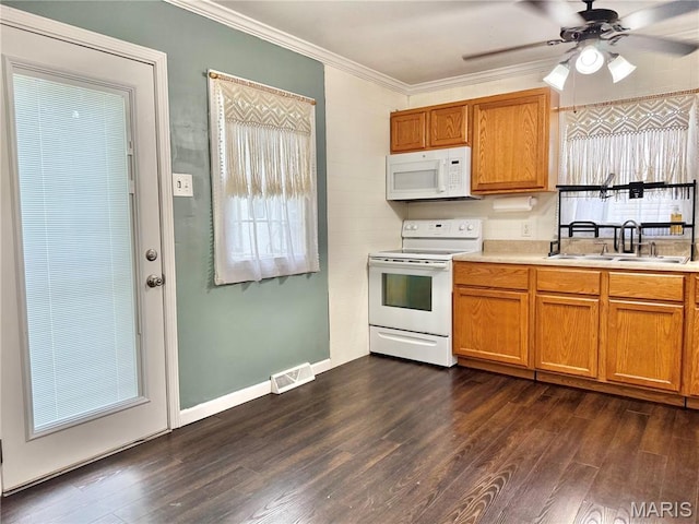 3212 Rodger Ave, Granite City, IL 62040 - kitchen featuring white appliances, crown molding, dark wood finished floors, light countertops, and ceiling fan