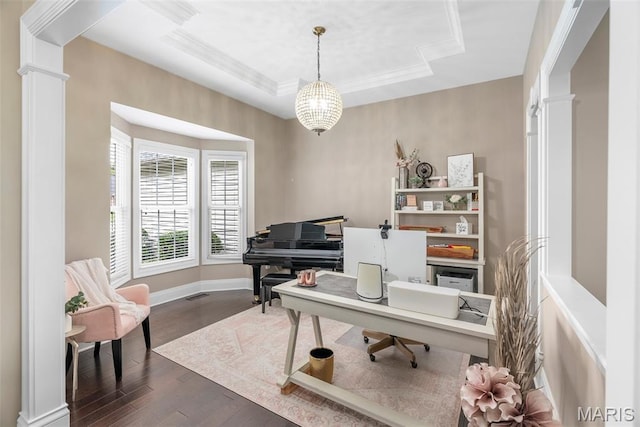 4304 Austin Pass Ct, Saint Charles, MO 63304 - office with dark wood-style floors, decorative columns, crown molding, and a chandelier