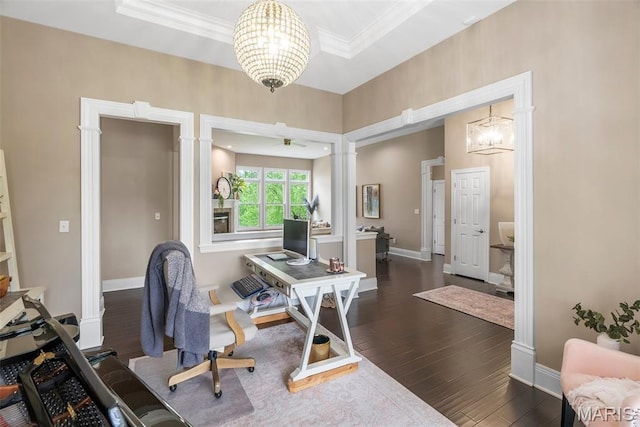 4304 Austin Pass Ct, Saint Charles, MO 63304 - office with a chandelier, dark wood-style flooring, and crown molding
