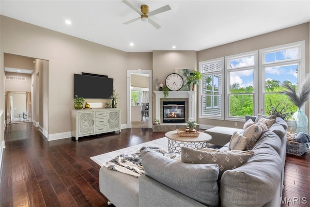 4304 Austin Pass Ct, Saint Charles, MO 63304 - living area with ceiling fan, dark wood-type flooring, recessed lighting, and a fireplace