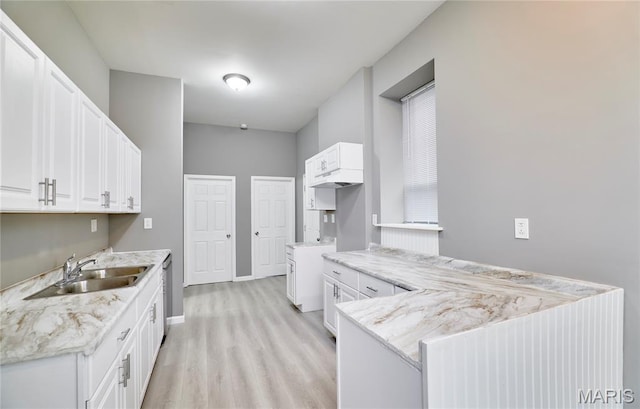 4275 E Ashland Ave, Saint Louis, MO 63115 - kitchen featuring light wood-type flooring, white cabinetry, a peninsula, and light stone countertops