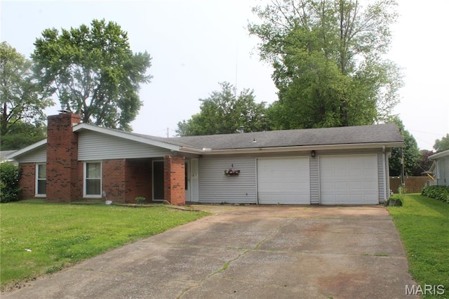 4 Primrose Ln, Fairview Heights, IL 62208 - ranch-style house with a garage, a chimney, a front yard, concrete driveway, and brick siding
