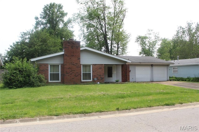 4 Primrose Ln, Fairview Heights, IL 62208 - ranch-style home featuring an attached garage, driveway, a chimney, a front lawn, and brick siding