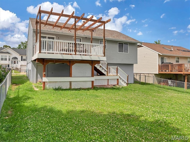 3178 5 Oaks Dr, Arnold, MO 63010 - rear view of property featuring stairway, a fenced backyard, a pergola, and a deck