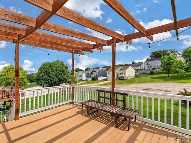 3178 5 Oaks Dr, Arnold, MO 63010 - wooden deck featuring a residential view, a pergola, and a lawn