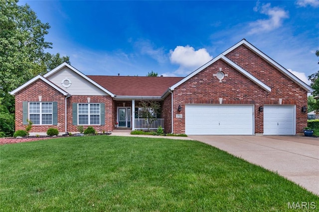221 Meriwether Lewis Dr, Ofallon, MO 63368 - ranch-style house with covered porch, a front lawn, an attached garage, driveway, and brick siding