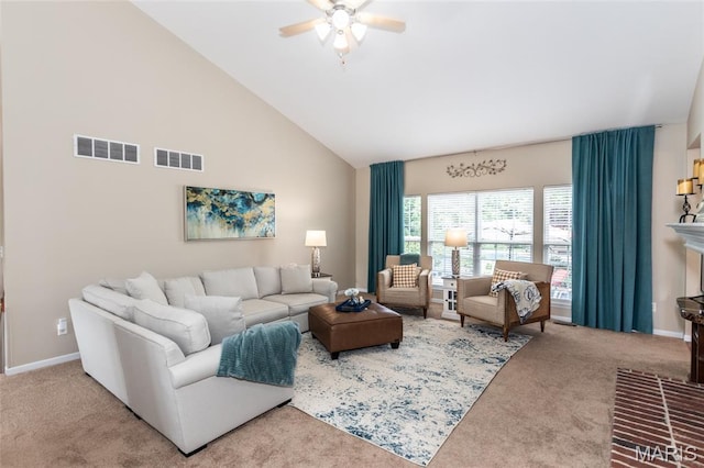 221 Meriwether Lewis Dr, Ofallon, MO 63368 - living room featuring a ceiling fan, carpet, and high vaulted ceiling