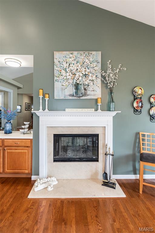 221 Meriwether Lewis Dr, Ofallon, MO 63368 - detailed view of a high end fireplace and wood finished floors