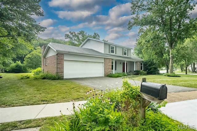 14898 Pheasant Hill Ct, Chesterfield, MO 63017 - traditional-style home with brick siding, an attached garage, a front yard, concrete driveway, and covered porch