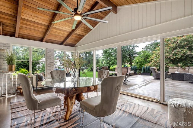 1607 Wyncliff Ln, Frontenac, MO 63131 - sunroom with a wooden ceiling with exposed beams, a wooden deck, high vaulted ceiling, and wood finished floors