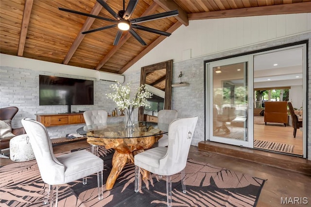 1607 Wyncliff Ln, Frontenac, MO 63131 - dining room with an AC wall unit, wooden ceiling, ceiling fan, and finished concrete floors