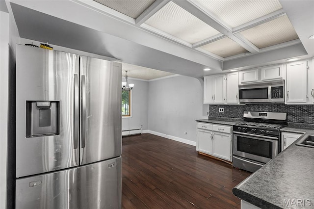 912 N Illinois Ave, Litchfield, IL 62056 - kitchen with appliances with stainless steel finishes, dark countertops, dark wood-type flooring, coffered ceiling, and ornamental molding