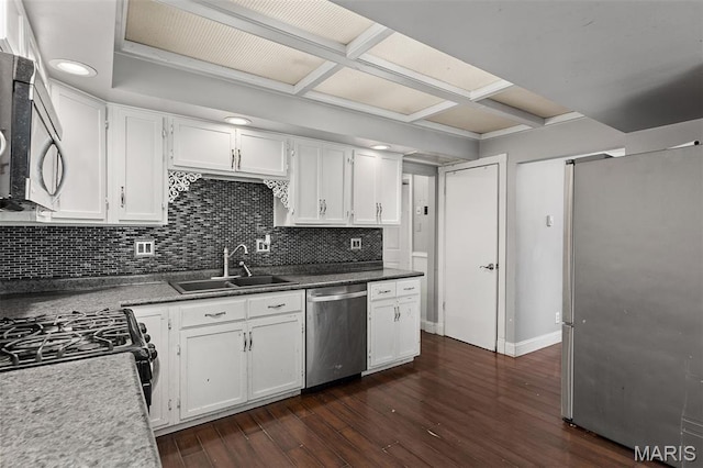 912 N Illinois Ave, Litchfield, IL 62056 - kitchen featuring appliances with stainless steel finishes, backsplash, white cabinetry, dark wood finished floors, and coffered ceiling